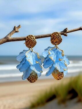 Gold & Sky Blue Petal Drop Earrings - Women‎ Jewelry - Summer - NEW
